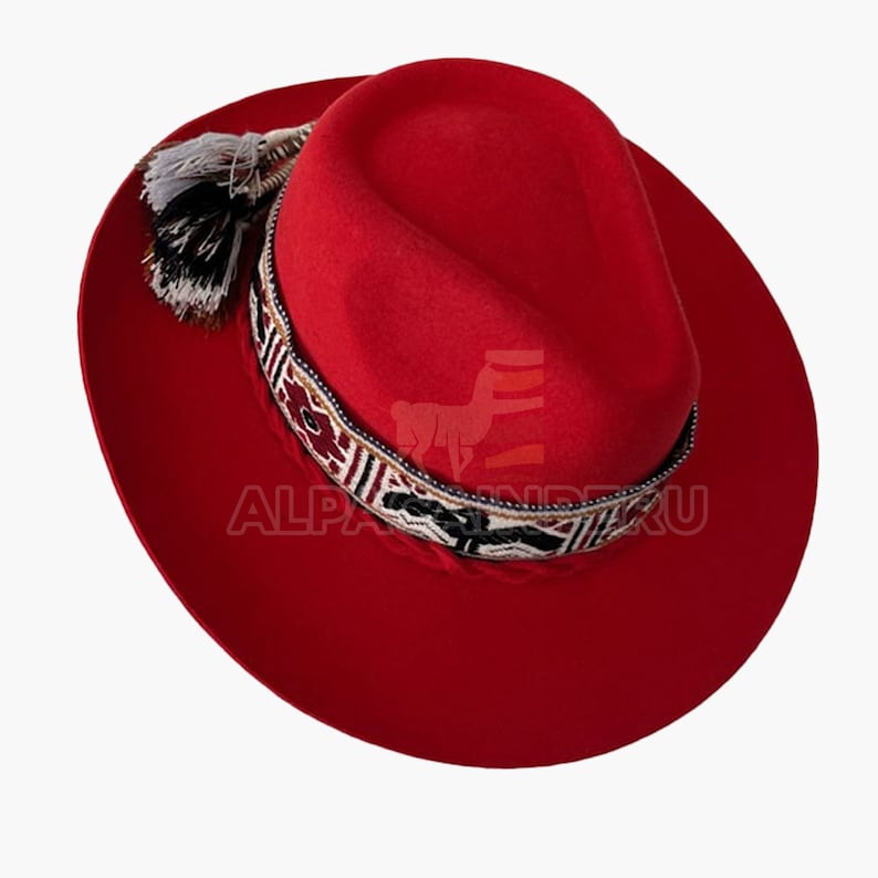 Andean UNISEX hat, peruvian cowboy hat, alpaca hat band, Fedora hat, alpaca wool hat, alpaca felted hat, Inka Q'ero woven band hat.Mom gift Red