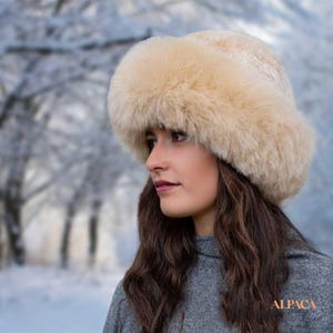 Beige Baby Alpaca Fur Hat | Handmade Cossack Style Winter Hat for Women | Elegant Warm Alpaca Fur Hat | Luxury Peruvian Fur Accessory