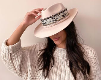 Alpaca Felt Fedora Hat | Peruvian Andean Wide Brim Hat | White Handmade Wool Hat | Artisan Gift Hat
