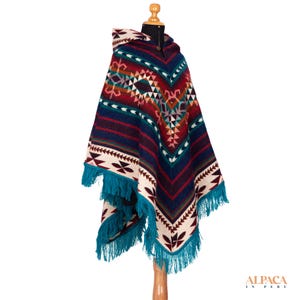 Alpaca Poncho, Blue Poncho, Unisex Hooded Poncho, Andean Wool Poncho, Hooded Cape, Native Triangle Poncho, Coat, Cape,Jacket