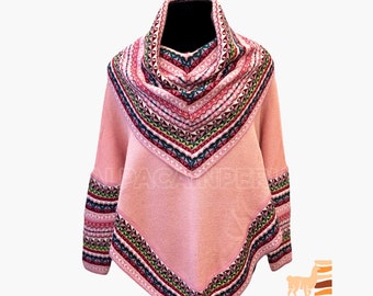 Pink high neck sleeved poncho, high neck alpaca sweater, cherry high neck alpaca sweater, high neck alpaca wool poncho