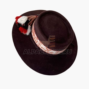 Andean UNISEX hat, peruvian cowboy hat, alpaca hat band, Fedora hat, alpaca wool hat, alpaca felted hat, Inka Q'ero woven band hat.Mom gift Dark brown