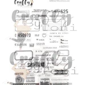 May include: A collage of vintage ephemera, including railway and airline tickets, stamps, and receipts. The design features the text "Crafty By Toni" and "The Adventurer," with various numbers and dates, creating a nostalgic aesthetic.