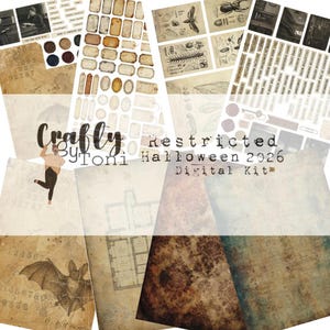 Puede incluir: Un kit digital titulado Crafty By Toni Restricted Halloween 2026 Digital Kit que incluye varios elementos imprimibles como etiquetas de estilo vintage, ilustraciones de insectos, planos arquitectónicos, gráficos de murciélagos y fondos texturizados.