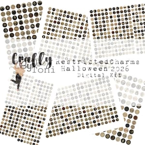 May include: A digital kit titled Crafty By Toni Restricted Charms Halloween 2026 featuring multiple sheets of circular graphics. The designs include vintage-style illustrations of skulls, keys, portraits, numbers, and symbols in sepia tones.