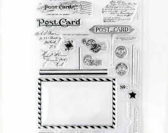 May include: Clear stamp sheet with various vintage postcard designs, including "Post Card", "Post Card", "This side for the address", "This side for correspondence", and "The address to be written on this side".