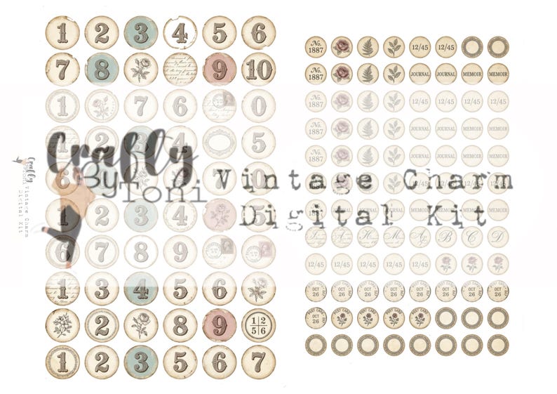 Op de afbeelding: Een digitale kit met ronde bedels in vintage-stijl met cijfers, bloemmotieven en tekst. De bedels zijn in verschillende kleuren, waaronder beige, blauw en roze. De tekst "Crafty by Toni" en "Vintage Charm Digital Kit" is ook zichtbaar.