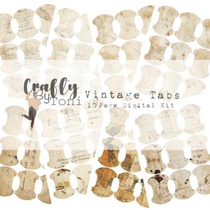 Può includere: Una collezione di linguette di carta in stile vintage beige e marrone con texture invecchiate, macchie d'inchiostro e scrittura a mano. L'immagine include il testo Crafty By Toni Vintage Tabs 10 Page Digital Kit sui ritagli di carta.