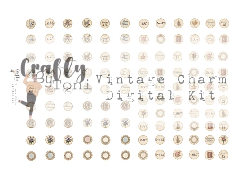 Op de afbeelding: Een verzameling digitale bedels in vintage stijl. De ronde bedels tonen verschillende illustraties, tekst en cijfers, waaronder "1887", "No. 42", en bloemen- en botanische motieven. De tekst "Crafty by Toni Vintage Charm Digital Kit" is ook aanwezig.