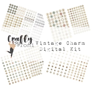 Peut inclure: Un kit numérique présentant divers motifs de breloques vintage. L'image affiche plusieurs arrangements de breloques circulaires avec des chiffres, des symboles et des éléments décoratifs en marron, beige et blanc. Le texte comprend "Crafty by Toni" et "Vintage Charm Digital Kit."