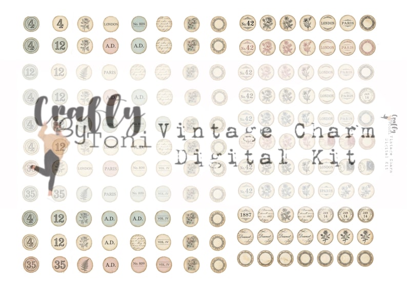 Op de afbeelding: Digitale kit met vintage charme ontwerpen. De afbeelding toont talrijke cirkelvormige ontwerpen met bloemen, tekst en cijfer elementen. De tekst "Crafty by Toni Vintage Charm Digital Kit" is ook zichtbaar.