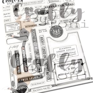 May include: A clear photopolymer stamp sheet featuring various rectangular labels, library-themed text, and circular seals. Text includes The Restricted Wing, Blackwood Library, Museum of Natural History, and various archive-related phrases.