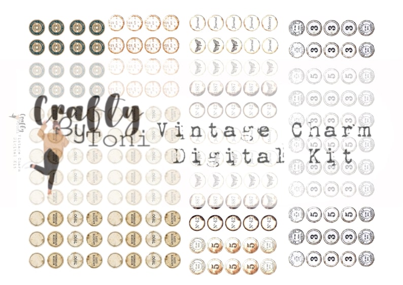 Op de afbeelding: Een digitale collagevel met verschillende vintage charm designs. De vel bevat cirkelvormige graphics met nummers, tekst en decoratieve elementen in tinten bruin, grijs en wit. De tekst "Crafty by Toni Vintage Charm Digital Kit" is ook aanwezig.