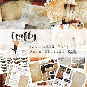 Może przedstawiać: Kolaż cyfrowego papieru do scrapbookingu i efemeryd o tematyce Halloween. Projekt zawiera motyle, duchy, etykiety, pajęczyny oraz tekst "Crafty by Toni Halloween 2025 25 Page Digital Kit". Paleta kolorów obejmuje pomarańczowy, brązowy i kremowy.