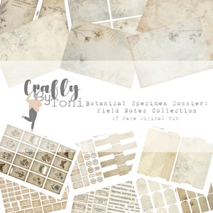 May include: A digital kit featuring botanical-themed ephemera. The collection includes various paper sheets, tags, and labels with floral and botanical illustrations. The color palette is soft, with beige, cream, and muted green tones. The text on the image reads "Crafty by Toni Botanical Specimen Dossier: Field Notes Collection 17 Page Digital Kit."