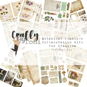 Puede incluir: Un kit de collage digital que presenta ilustraciones botánicas de estilo vintage, etiquetas florales, texturas de papel envejecido y elementos manuscritos. La colección incluye varios efímeros, etiquetas y motivos florales con el texto Crafty By Toni Botanical Findings Collaboration with Fox Creative Digital Kit.