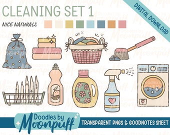 May include: A set of cleaning themed illustrations in a cartoon style. The illustrations include a laundry basket, a washing machine, a spray bottle, a bottle of detergent, a dish rack, a broom, a bag of laundry, and a stack of towels. The illustrations are in a variety of colors, including pink, blue, yellow, and green. The text "CLEANING SET 1" and "NICE NATURALS" is at the top of the image. The text "DIGITAL DOWNLOAD" is at the top right of the image. The text "Doodles by Moonpuff" is at the bottom of the image. The text "TRANSPARENT PNGS & GOODNOTES SHEET" is at the bottom right of the image.