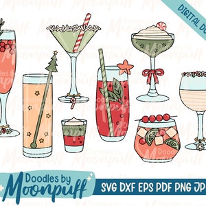 Christmas Cocktail Clipart Set, Holiday Adult Cut File Line Art, Festive Cute Hand Drawn Drinks Design, svg dxf eps png jpg pdf