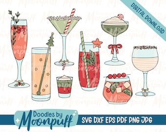 Christmas Cocktail Clipart Set, Holiday Adult Cut File Line Art, Festive Cute Hand Drawn Drinks Design, svg dxf eps png jpg pdf