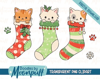 Christmas Kitties in Stockings, Cute Holiday Cat PNG Clipart, Kawaii Kittens, Christmas Digital Download