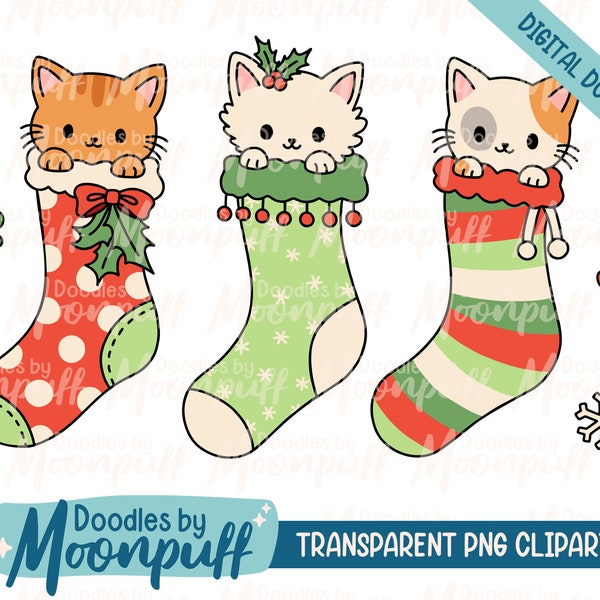 Christmas Kitties in Stockings, Cute Holiday Cat PNG Clipart, Kawaii Kittens, Christmas Digital Download