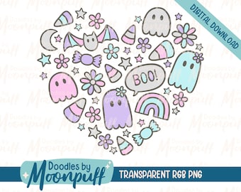 Cute Ghost Doodle Heart Sublimation Design, Kids Halloween PNG Clipart, Creepy Halloween Trendy Digital Download, Commercial Use