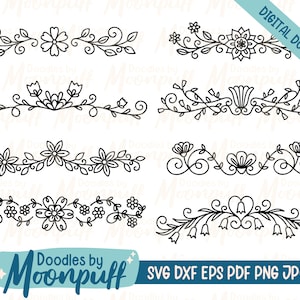May include: Set of six black and white floral divider line illustrations. The illustrations feature various floral designs with leaves and swirls.