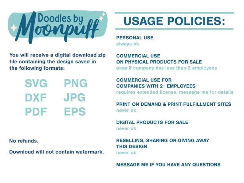 K&ouml;nnte beinhalten: Ein Dokument mit Nutzungsrichtlinien f&uuml;r digitale Downloads. Das Dokument zeigt den Text "Doodles by Moonpuff" und listet Dateiformate auf: SVG, PNG, DXF, JPG, PDF und EPS. Es umrei&szlig;t Richtlinien f&uuml;r die private und kommerzielle Nutzung, einschlie&szlig;lich Einschr&auml;nkungen f&uuml;r Print-on-Demand.