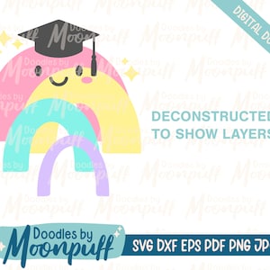 Puede incluir: Un dise&ntilde;o de arco&iacute;ris en capas con un gorro de graduaci&oacute;n en la parte superior. El arco&iacute;ris est&aacute; formado por rosa, amarillo, turquesa y morado. El gorro de graduaci&oacute;n es negro con una estrella dorada en la parte superior. El texto "Doodles by Moonpuff" est&aacute; en la parte inferior de la imagen. El texto "SVG DXF EPS PDF PNG JPG" est&aacute; en la parte inferior derecha de la imagen.