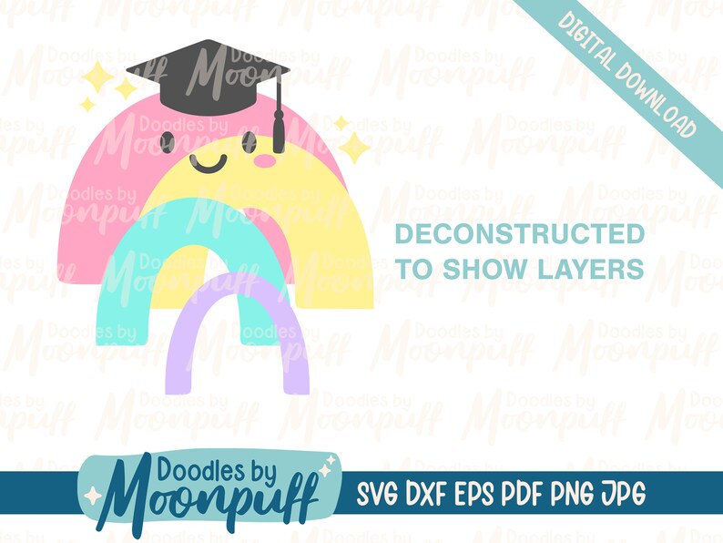 Puede incluir: Un dise&ntilde;o de arco&iacute;ris en capas con un gorro de graduaci&oacute;n en la parte superior. El arco&iacute;ris est&aacute; formado por rosa, amarillo, turquesa y morado. El gorro de graduaci&oacute;n es negro con una estrella dorada en la parte superior. El texto "Doodles by Moonpuff" est&aacute; en la parte inferior de la imagen. El texto "SVG DXF EPS PDF PNG JPG" est&aacute; en la parte inferior derecha de la imagen.