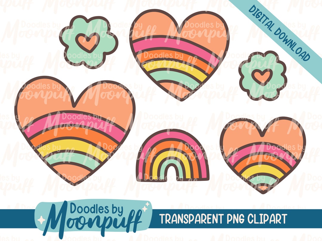 Rainbow Hearts in Pastel Colors Hand Drawn Clipart Set, Cute Valentines ...