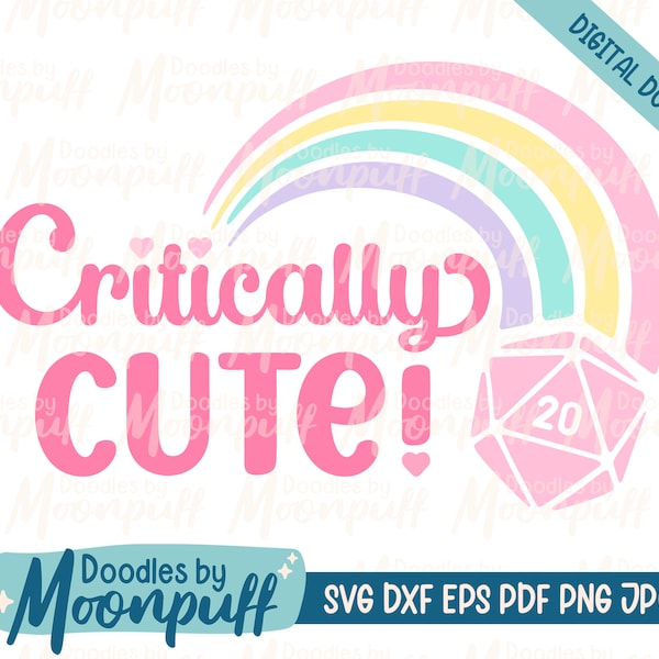 Critically Cute Tabletop RPG d20 SVG Cut File, Nerdy Tshirt Tote Decor Cuttable, Role-Playing Game Dice Clipart, dxf eps png jpg pdf