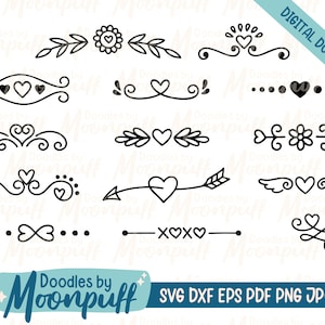Hand-Drawn Heart Dividers Set 1 - Short, borders SVG cut file, Valentines decorative element, heart flourishes clipart, dxf eps png jpg pdf