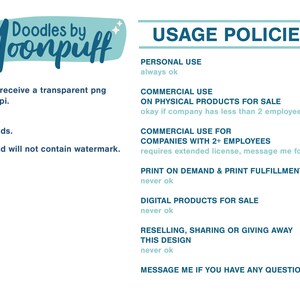 May include: A white background with blue text outlining usage policies for digital and physical products. The text states that personal use is always okay, commercial use on physical products for sale is okay if the company has less than 2 employees, commercial use for companies with 2+ employees requires an extended license, print on demand and print fulfillment sites are never okay, digital products for sale are never okay, reselling, sharing or giving away this design is never okay, and to message if you have any questions.