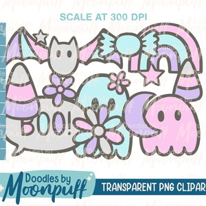 May include: A set of cute Halloween-themed digital clipart featuring a ghost, a bat, a candy corn, a rainbow, a star, a flower, and a speech bubble with the word "BOO!" in it. The clipart is in pastel colors and has a whimsical style.