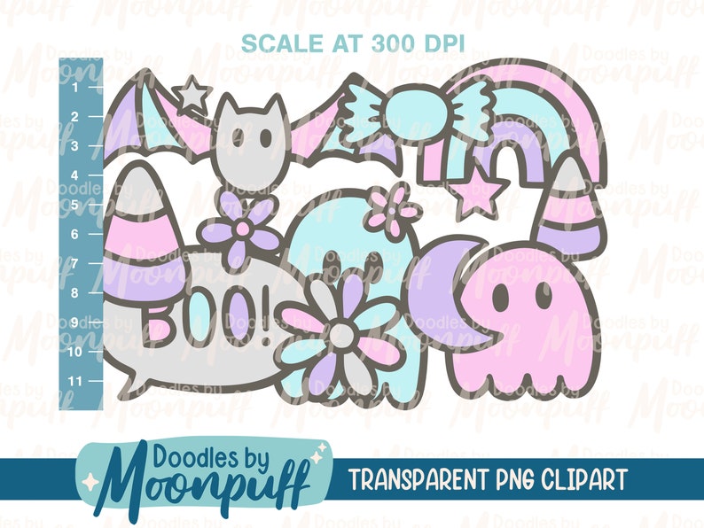May include: A set of cute Halloween-themed digital clipart featuring a ghost, a bat, a candy corn, a rainbow, a star, a flower, and a speech bubble with the word "BOO!" in it. The clipart is in pastel colors and has a whimsical style.