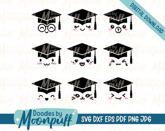 Kawaii Graduation Faces, Super Cute School Graduate Party Decor, 2020 Grad Celebration, Adorable Grad Caps, dxf eps png jpg pdf