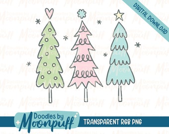 3 Cute Christmas Tree Doodles Sublimation Design, Hand Drawn Holiday PNG Clipart, Festive Shirt Design Digital Download, Commercial Use
