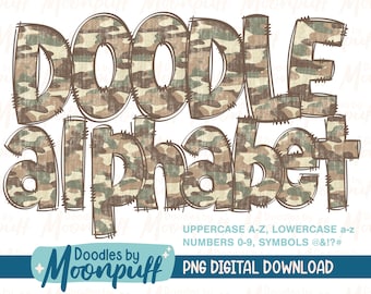 Distressed Camo Print Background Doodle Alphabet Letters Transparent PNGs, Sublimation Alphaset Doodle Clipart, Camoflauge Lettering