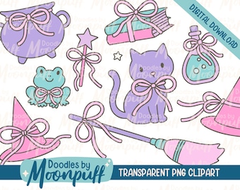 Cute & Witchy Clipart Set, Creepy Cute Halloween Hand Drawn Designs, Kawaii Witch Transparent PNG Digital Download Art