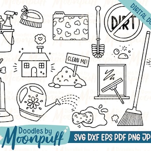 Cleaning Set 2 Black Outline Clipart Icons, Chores Hand-Drawn Doodle Line Art, Laundry Dishes Clipart, SVG cut file dxf eps png jpg pdf