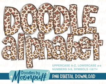 Boho Leopard Print Doodle Alphabet Letters Transparent PNGs, Sublimation Alphaset Doodle Clipart, Hand Drawn Animal Print Lettering
