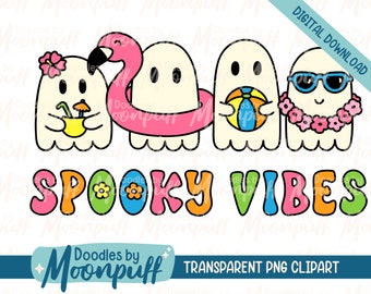 Spooky Vibes Sublimation Design, Funny Summer Ghost PNG Clipart, Cute Kawaii Beach Digital Download, Commercial Use