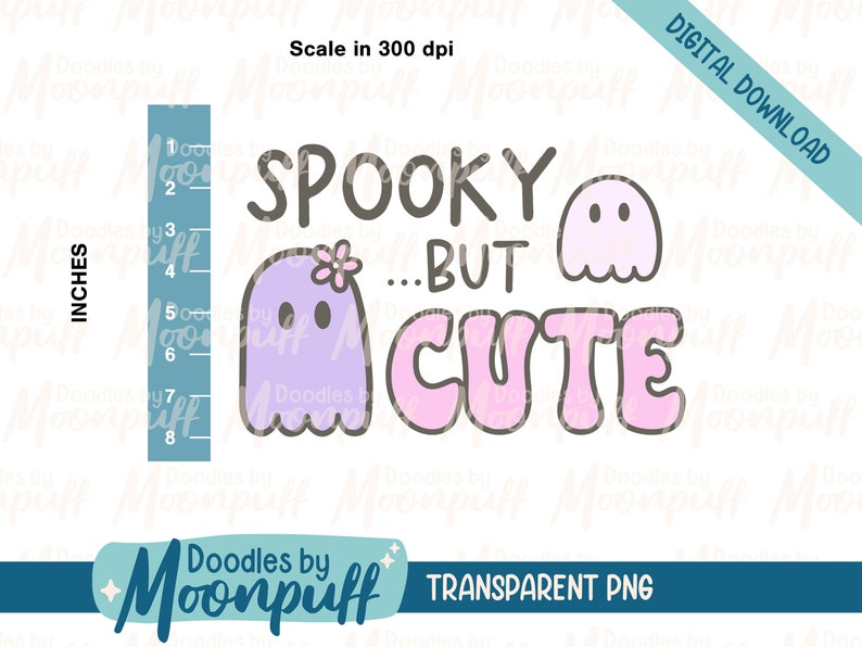 May include: A digital download of a graphic design featuring two cartoon ghosts and the text "Spooky...But Cute". The ghosts are purple and pink with black outlines. The text is in a pink and gray color scheme.