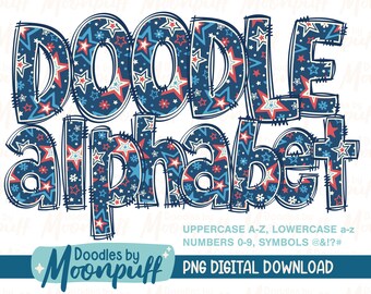 Red White & Blue Stars Doodle Alphabet Letters Transparent PNGs, Sublimation Alphaset Clipart, 4th of July Independence Patriotic Lettering
