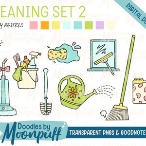 Cleaning Digital Planner Stickers Set 2 Pretty Pastels, Chore Journal Images, Goodnotes Sticker Sheet, Cropped Transparent PNGs, Clipart