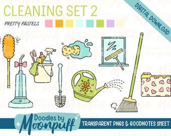 May include: A digital download graphic set titled "CLEANING SET 2" with pastel colors. The image features illustrations of cleaning supplies, including a duster, vacuum, spray bottles, a sponge, window cleaner, a toilet brush, a watering can, and a broom.