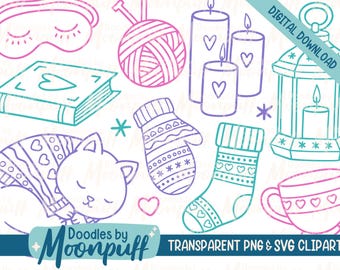Leuke winterhygge schetst clipartset, vakantie gesneden bestand zeer fijne tekeningen, feestelijk gezellig comfortabel schattig handgetekende ontwerp, svg png lijntekeningen