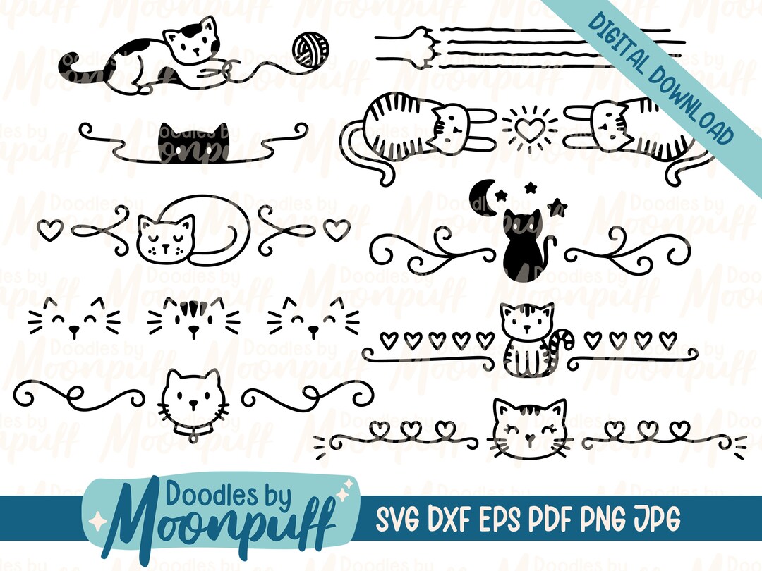 Cute Hand-drawn Cats Text Dividers SVG Clipart, Cute Kitty Swirl Hearts ...