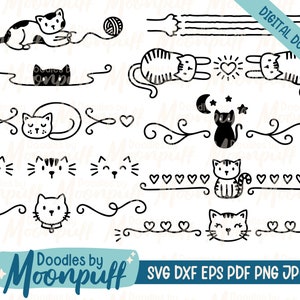 Cute Hand-Drawn Cats Text Dividers SVG clipart, cute kitty swirl hearts border decorative element cut file, dxf eps png jpg pdf
